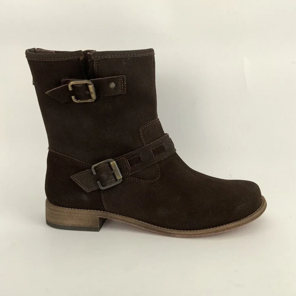 Fitzwell Leather Ankle Boots Brown Double Buckle Zip Back 10